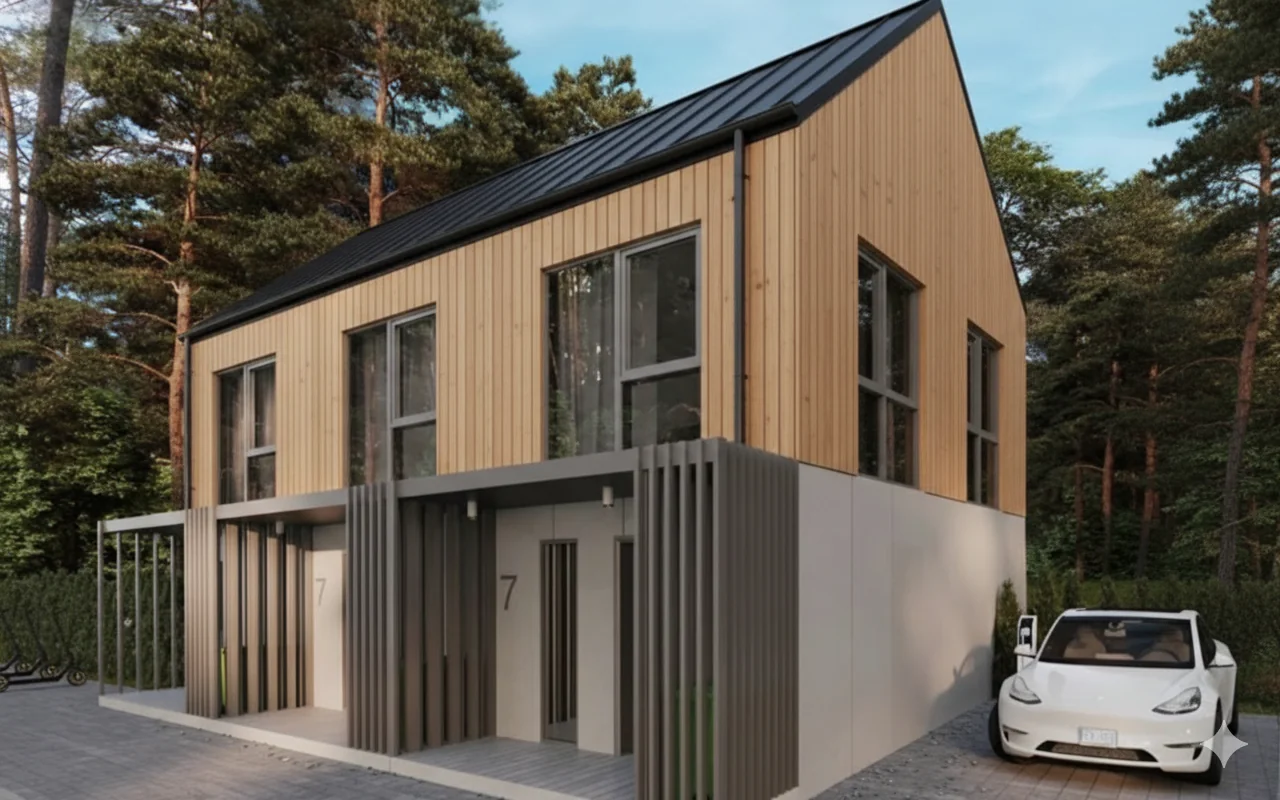 TOWNHOUSE exterior with timber cladding and black roof